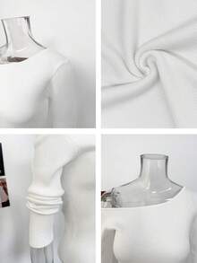 Asymmetrical Shoulder Asymmetric Knit Long Sleeve Slim Fit Flattering Solid Color Top For Women, Spring/Autumn, Sweet & Spicy Style - White - View 8