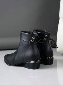 Fall/Winter Women Pointed Toe Bow Decor Ankle Boots, Metal Electroplating Shiny Thick Heel Black Metal Zipper Short Ankle Boots, Boots For Women - Black - View 5