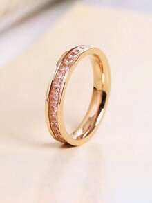 1pc Fashion Single Row Full Rhinestone Purple Pink Diamond Stainless Steel Ring Rose Gold Plain Band Index Finger Ring Suitable For Women Daily Wear, Exquisite Minimalist Fashion, Suitable For Women Daily Wear, Dating, Party, Stacking, Holiday Gift For Friends - Pink - View 6
