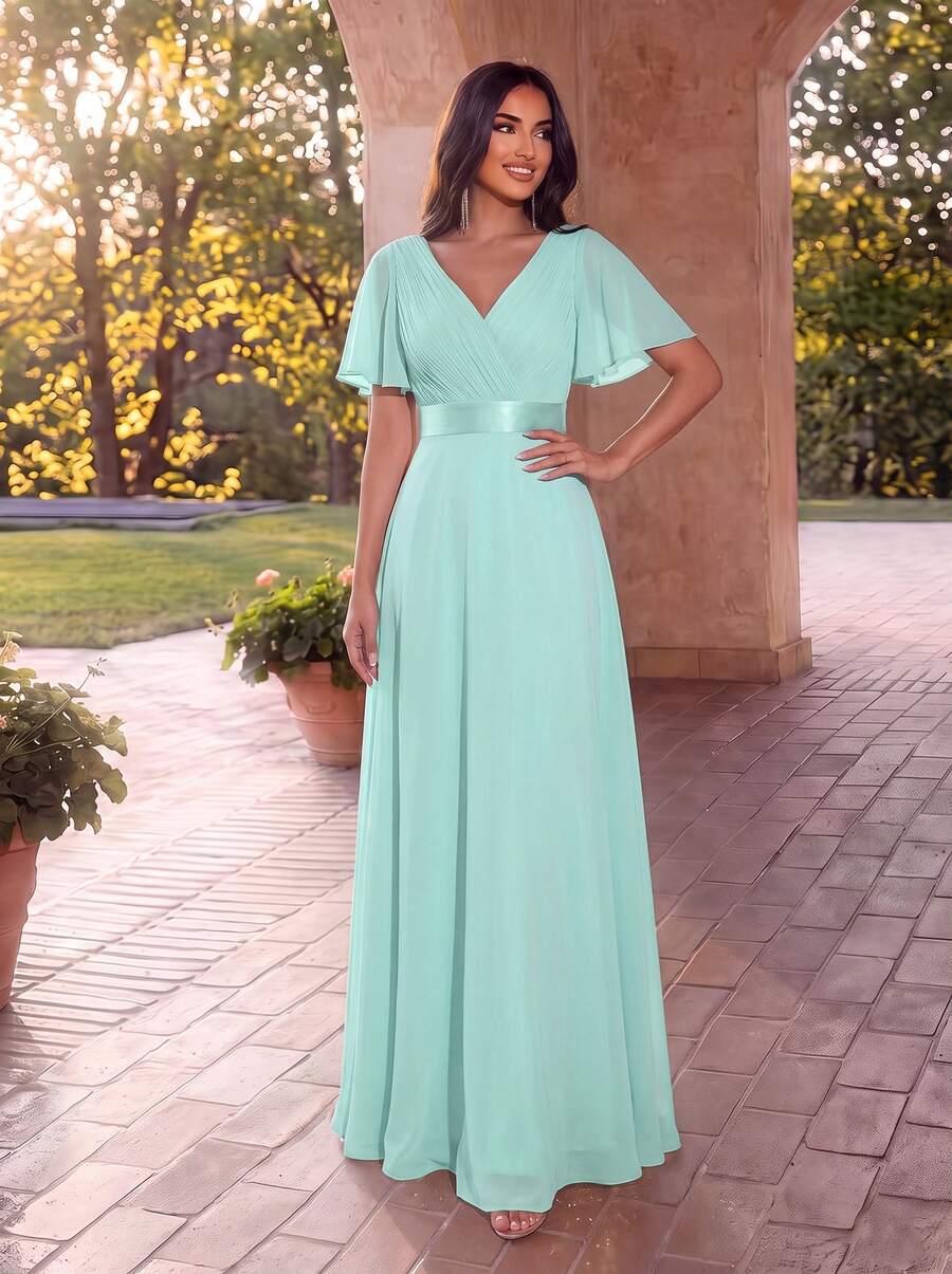 EVERPRETTY Summer Early Autumn Elegant Romantic Chiffon V-Neck Pleated Butterfly Sleeve Bridesmaid Dress, Suitable For Wedding Guests, Semi-Formal Occasions - Cadet Blue - View 1