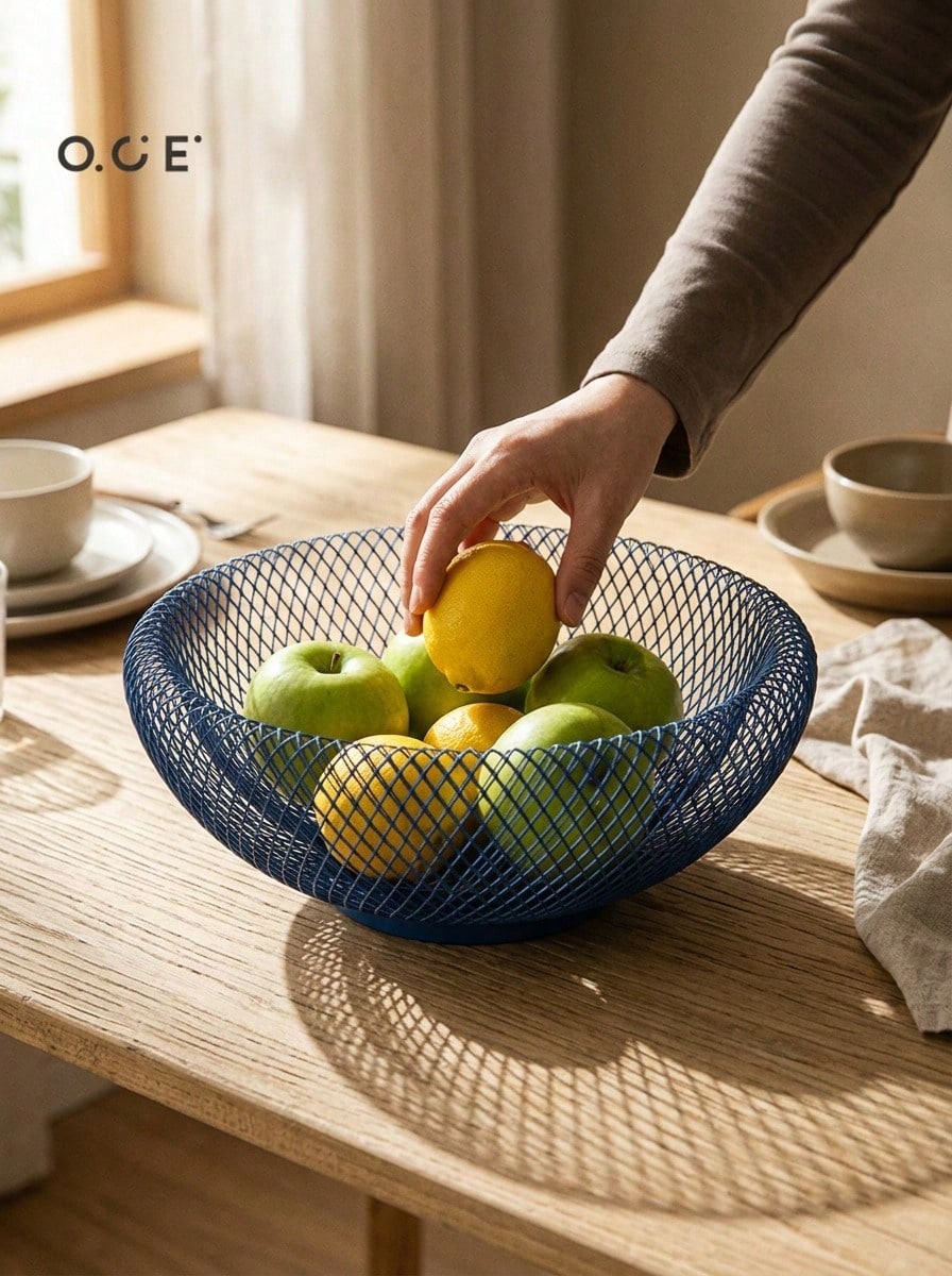 OCE Woven Iron Wire Mesh Fruit Bowl, Hollow Metal Fruit Basket Decorative Storage Tray For Kitchen Countertop, Table Centerpiece Decor For Fruits Snacks, 25cm, Green/Blue/Yellow Available - Blue - View 1