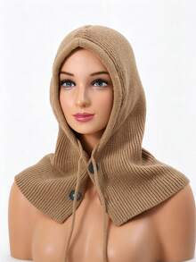 Women's Solid Color Knitted Hooded Scarf Hat, Button Decor Drawstring Adjustable Hooded Scarf, Warm Knitted Beanie, Suitable For Outdoor, Daily Commute And Coat Matching - Multicolor - View 7