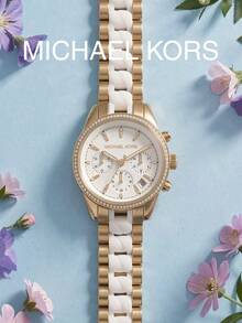 Michael Kors MK6939 Women's Ritz Series Gold & Silver Two-Tone Stainless Steel Quartz Chronograph Watch, 38mm White Dial With Diamond-Studded Bezel, Date Display, Luxury Commuter Style - White - View 7