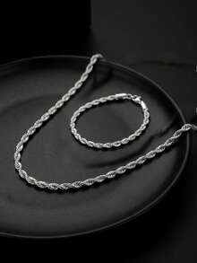 Twisted Rope Chain Necklace & Bracelet Set, Minimalist Jewelry For Everyday Wear - Multicolor - View 3