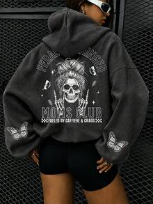Skull Letter Butterfly Print Washed Vintage Plus Size Women's Casual Autumn/Winter Long Sleeve Pocket Sweatshirt, Black - Black - View 1
