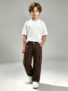 Love Baby 2-8Years Young Boy Coffee Brown Wide Leg Multi-Pocket Cargo Jeans, Versatile Adjustable Waist Loose Fit Denim Work Pants, All Season Wear - Coffee Brown - View 3