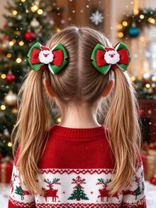 2pcs Christmas Santa Grosgrain Ribbon Hair Bows For Girls Cute Alligators Clips Fall Winter Festival Party Gift Hair Clips Kids Hair Accessories - Multicolor - View 2