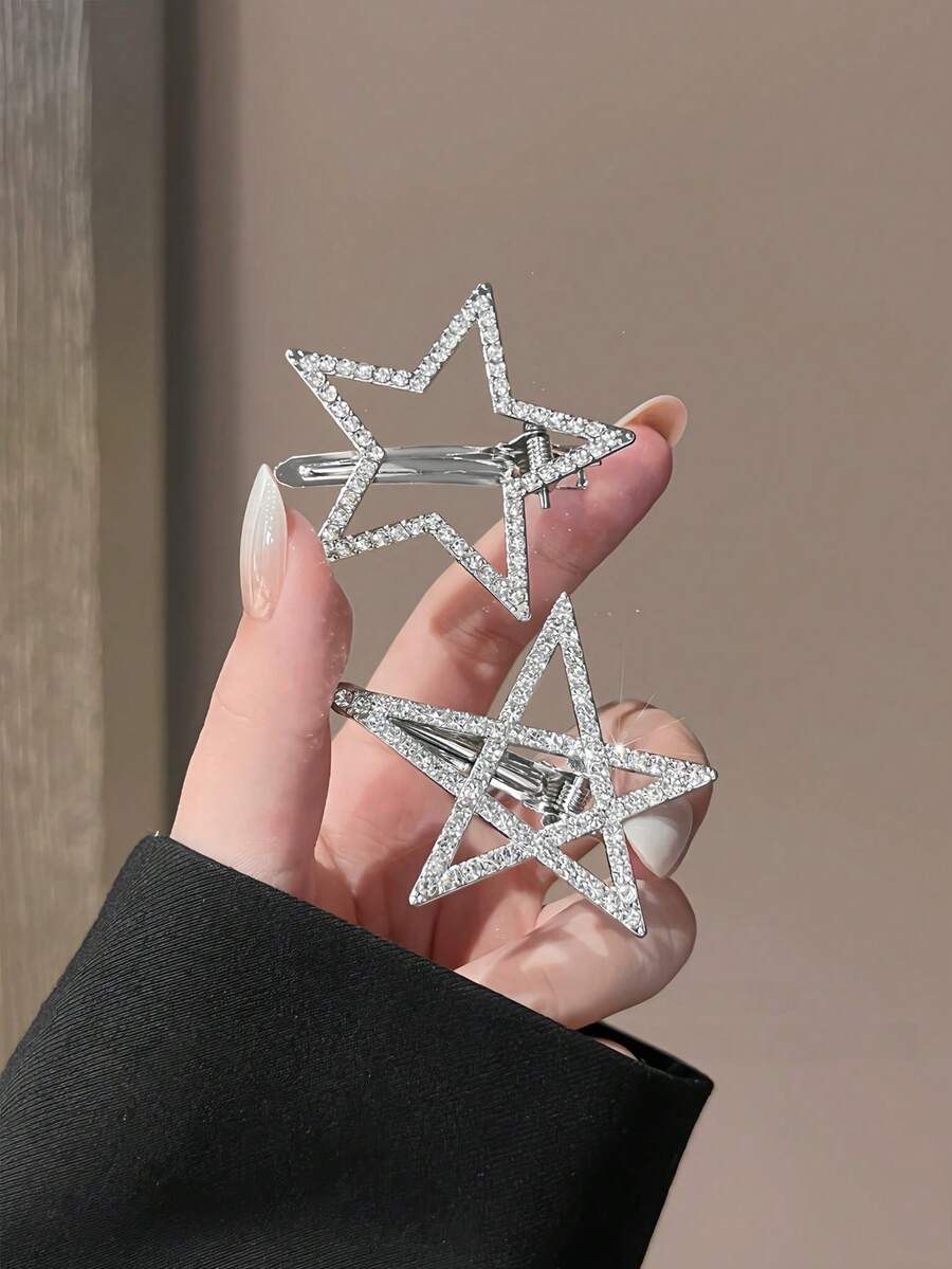 1/2件裝 超亮水鑽鏤空星星鱷魚夾髮夾，韓系時尚公主側邊髮夾，百搭優雅女性髮飾