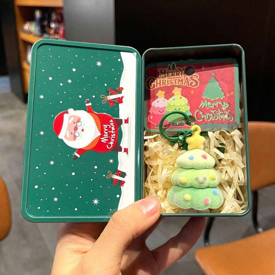 Flockiger Weihnachtsbaum Schlüsselanhänger, kreativer süßer Weihnachtsbaum Anhänger, kleines Weihnachtsgeschenk, Weihnachtsdekoration - Samt-Weihnachtsbaum-Anhänger - Grün + grüne Metalldose - Übersicht 1