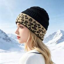 1 Women's Leopard Print Cuff Knitted Beanie, Unisex, Warm Solid Textured Winter Outdoor Ski Hat - A - View 2
