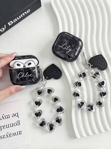 1Pc Customizable Text, Black Shell Pattern - Earphone Protection Case With A Heart Pendant, Compatible With Apple 1, 2, 3, 4, 5, Pro1, Pro2, Pro3 - Multicolor - View 2