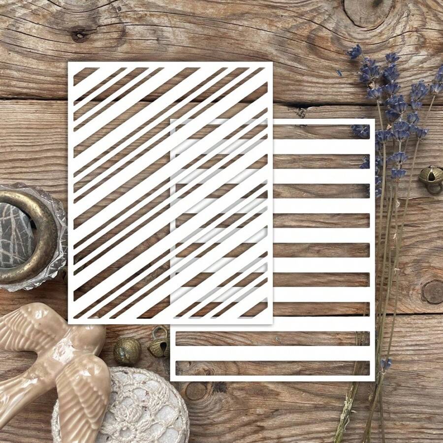2 buah Stensil Bergaris untuk DIY, Cocok untuk Melukis, Scrapbooking, dan Embossing - Desain Horizontal dan Diagonal Multifungsi, Stensil Kerajinan PET Fleksibel dan Tahan Lama - 2 - View 1