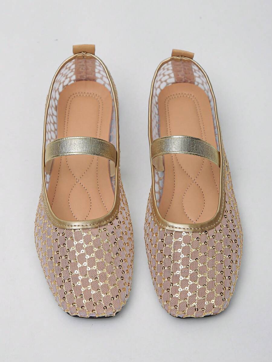XfLadies' Sequined Mesh Flat Sole Shoes, Breathable And Comfortable, Suitable For Shopping/Casual Daily Wear. - Gold - View 1