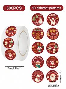 500pcs Merry Christmas Round Roll Stickers, Santa Claus Snowman Waterproof Vinyl Stickers, Suitable For Phones, Tablets, Scrapbooks, Gift Bags, Baking Packaging, Christmas Party Decoration - Multicolor - View 2