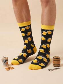 1 Pair Beer Theme Men's Mid-Calf Socks, Fashionable Contrast Color Men's Socks, Autumn/Winter Long Socks, Suitable For Daily Casual Wear, Perfect Gift For Beer Lovers - Multicolor - View 1