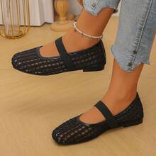 Sepatu Flat Mary Jane Jala Bernapas Musim Panas Ujung Bulat Potongan Dangkal Elastis Slip-On Kasual Wanita Slip-On - Hitam - View 2
