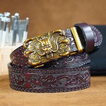 1pc Vintage Dragon Claw Automatic Buckle Men's Second Layer Cowhide Belt - Intricate Carved Cowhide Design With Golden-Tone Alloy Buckle - DC104 105 - View 3