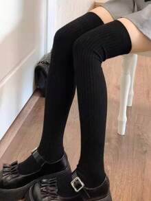 1 Pair Women's Solid Color Ribbed Knit Over-The-Knee Long Socks, Black & Grey Classic Colorway, Autumn/Winter Preppy Style Versatile Long Socks, Suitable For Pairing With Short Skirts And Boots - Multicolor - View 5