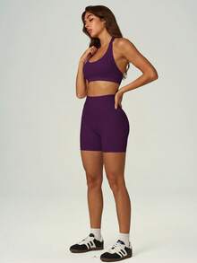 UONNOU 2Pcs Halter Sports Bra & High Waist Butt Lifting Biker Shorts, Women Stretch Yoga Workout Matching Set - Purple - View 9