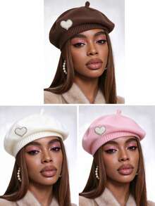 Merlader Style Beret For Women, Autumn And Winter, Heart Pearl Knit Beret Hat, Japanese Retro, Versatile, Face-Slimming, Octagonal Hat, Pumpkin Hat - Multicolor - View 16