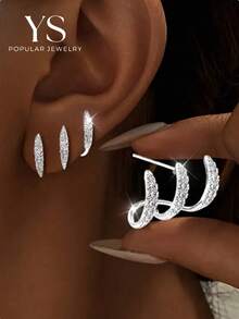 1 Pair Fashionable Minimalist Copper Rhinestone Curved Ear Clips Earrings, Suitable For Women's Daily Commute, Date, Street Style, Versatile - Silver - View 1