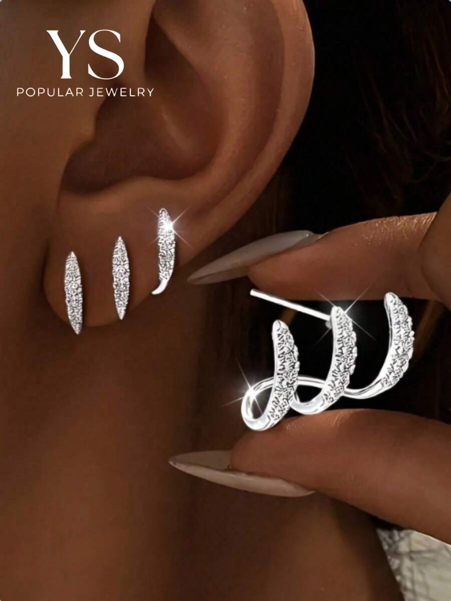 1 Pair Fashionable Minimalist Copper Rhinestone Curved Ear Clips Earrings, Suitable For Women's Daily Commute, Date, Street Style, Versatile - Silver - View 1