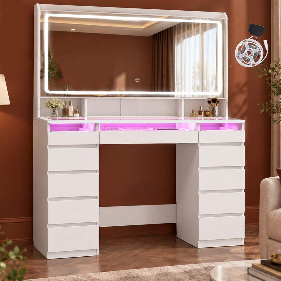 HaluPeit White Multi-Functional Vanity Table With High-Definition Mirror, Three-Color LED Fill Light, RGB Colored Light On The Tabletop, Transparent Glass, 11 Drawers, And Three-Tiered Shelving. - White - View 1