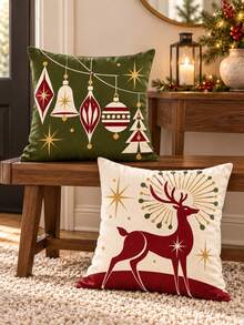 4 Buah Sarung Bantal Geometris Vintage Natal, Tulisan Merry & Bright, Pola Kepingan Salju, Ornamen & Rusa Kutub, Dekorasi Sofa Kamar Tidur Gaya Modern Pertengahan Abad Amerika, Cetakan Satu Sisi Super Lembut Imitasi, Isian Bantal Tidak Termasuk - MultiWarna - View 7