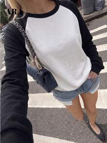 ARA CHIC Women's Autumn/Winter Raglan Sleeve Sweatshirt, Black And White Contrast Color Round Neck Long Sleeve Top, Loose Casual Pullover, Suitable For Daily Street And Date Outfits - Black and White - View 1