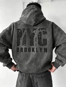 Men's Dark Grey Washed Distressed NYC Brooklyn Hoodie, Loose Fit Vintage Streetwear - Dark Grey - View 1