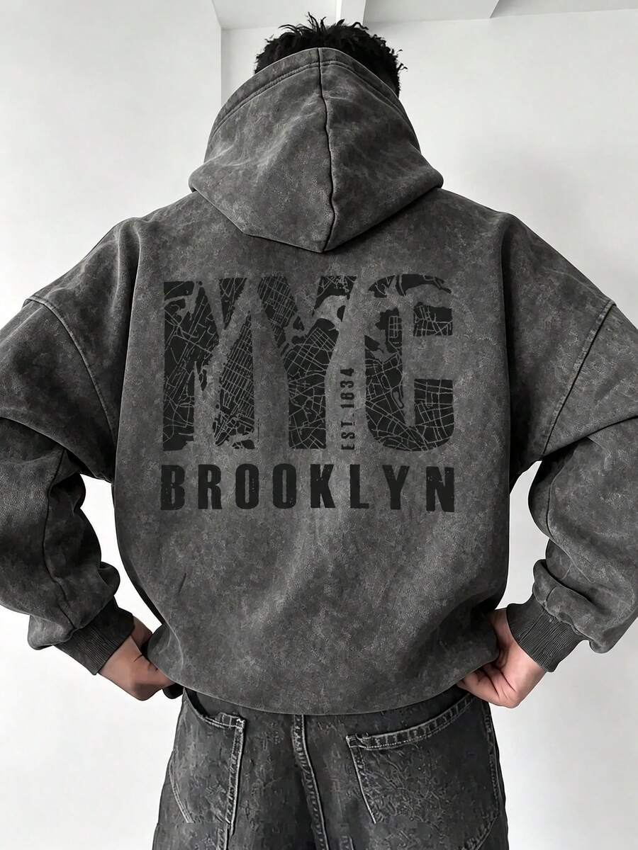 Men's Dark Grey Washed Distressed NYC Brooklyn Hoodie, Loose Fit Vintage Streetwear - Dark Grey - View 1
