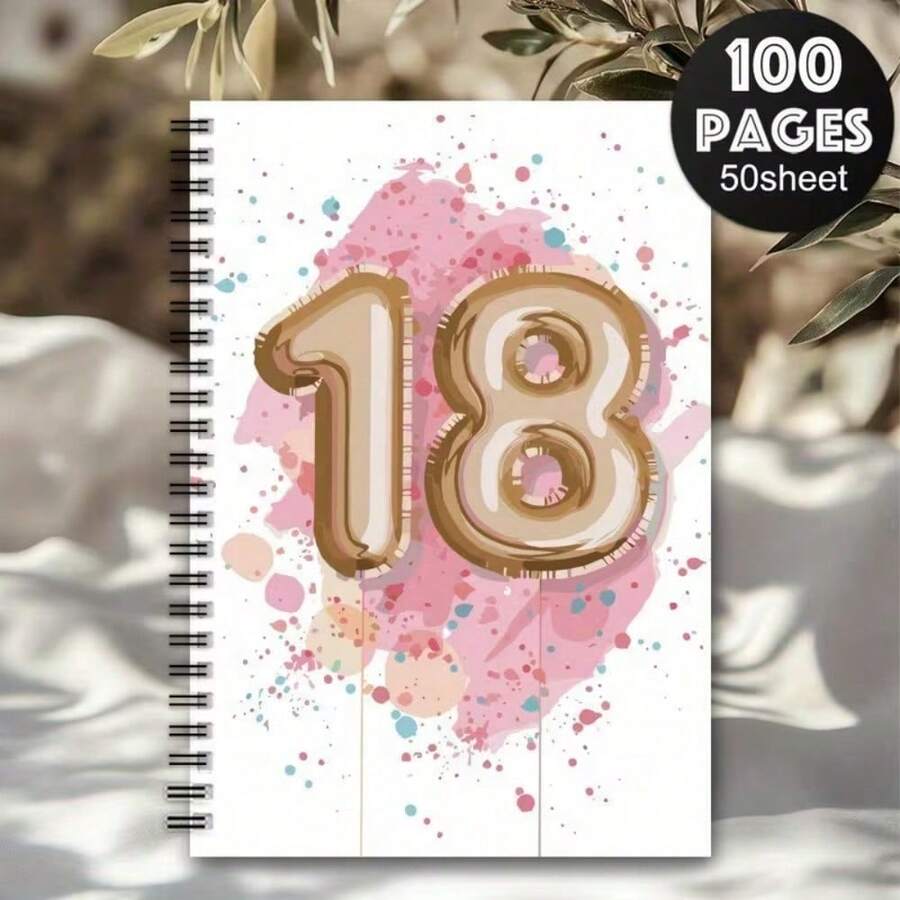1本美學生日派對螺旋裝訂訪客簿筆記本，迷人設計配金色氣球與18數字粉色封面，適合生日禮物、派對與活動訪客簽到、辦公計畫本 - N - 查看 1