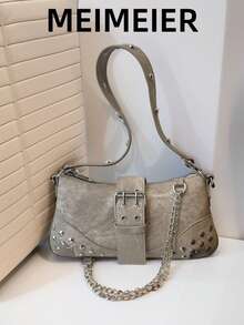 Women's Buckle Baguette Bag, Solid Color Casual, Shopping Commuting Handbag - Grey - View 1