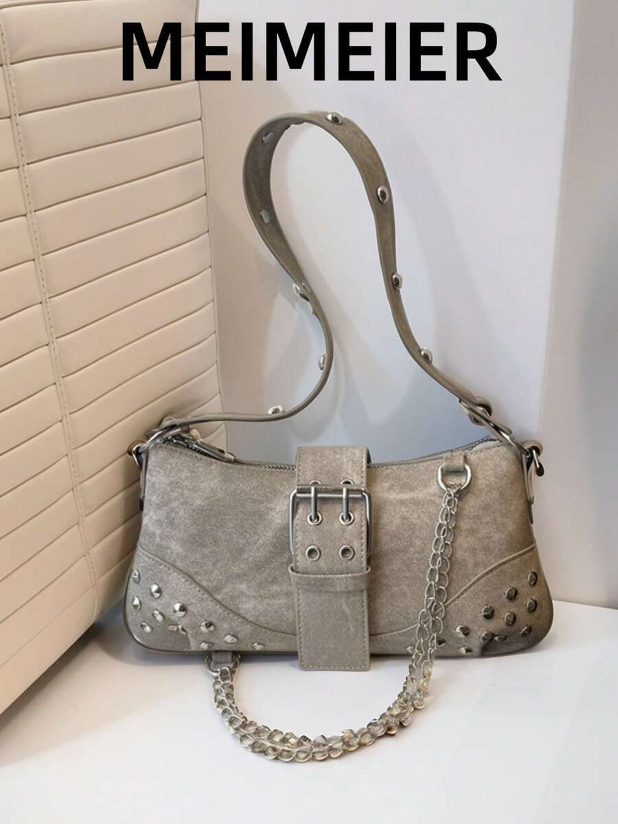 Women's Buckle Baguette Bag, Solid Color Casual, Shopping Commuting Handbag - Grey - View 1