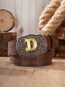 1pc Western Cowboy Style Belt With Letter Embossed Metal Buckle, PU Leather Embossed Belt, Unisex (Includes 1 Hole Puncher) - Coffee Brown - View 4