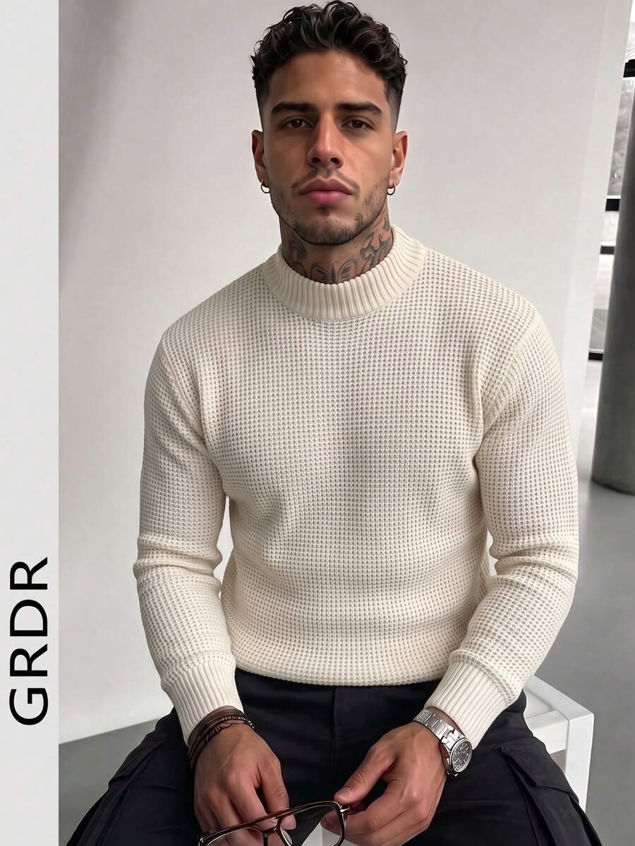 GRDR Men's Autumn/Winter Jacquard Half-High Neck Long Sleeve Sweater - Apricot - View 1