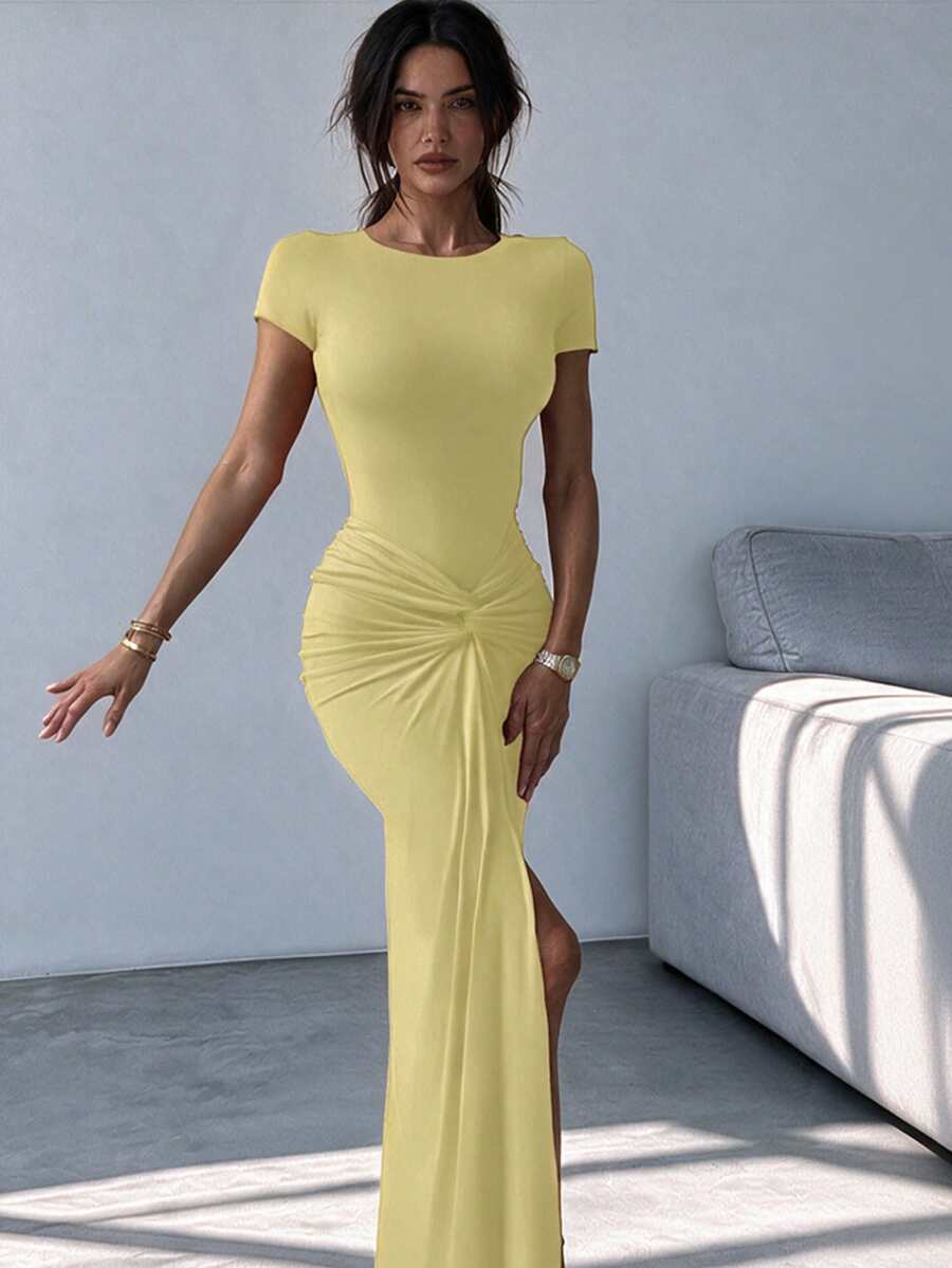 Women's 2-Piece Set: Fitted Cream Yellow Short Sleeve Jumpsuit Paired With Ruffle Waist Maxi Skirt, Elegant For Spring/Summer Date - Light Yellow - View 1