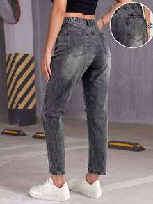 Comfortable Plus Size Slim Fit High Waist Cropped Mom Jeans, Distressed Decor, Pocket Design, Button & Zipper Fly, Suitable For Autumn Casual Wear And Halloween Outfit - Black - View 5