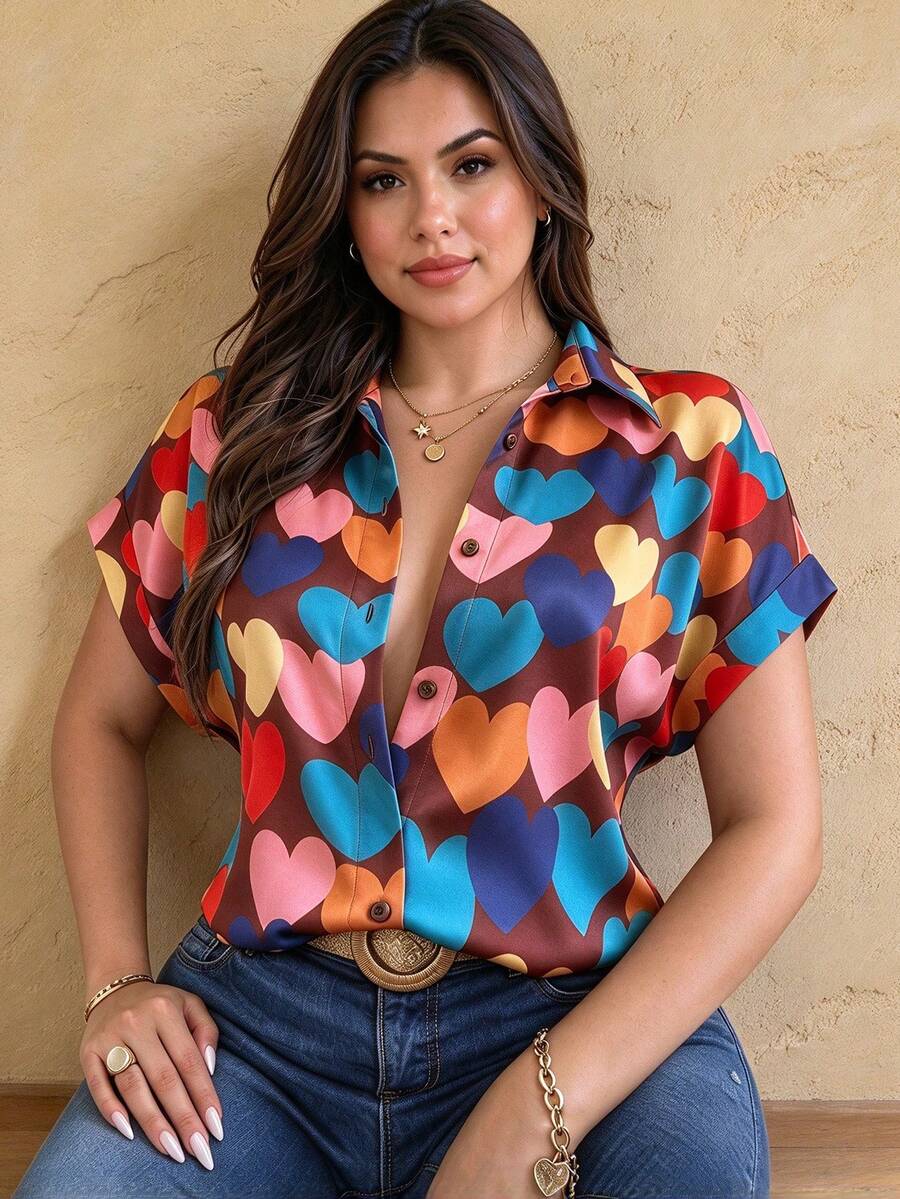 Plus Size Woven Fabric Heart Print Shirt, Shirt Collar, Rolled Short Sleeves, Button Front, Regular Length Top - Multicolor - View 1