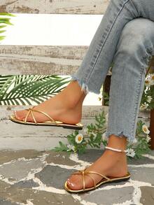 Women's Simple Strappy Woven Beach Sandals - Gold - View 11