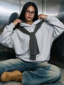 女款休閒抓絨內裡二合一披肩圍巾長袖寬鬆連帽衛衣，適合日常穿著，秋冬穿搭，秋冬服飾，外出穿搭 - 淺花灰色 - 查看 6