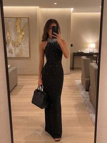 Elegant Date Party Faux Pearl Decor Halter Neck Dress - Black - View 1