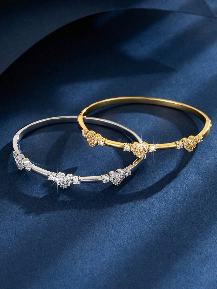 1pc Bracelet With 3 Evenly Distributed Plump Heart Shapes, Zirconia ...