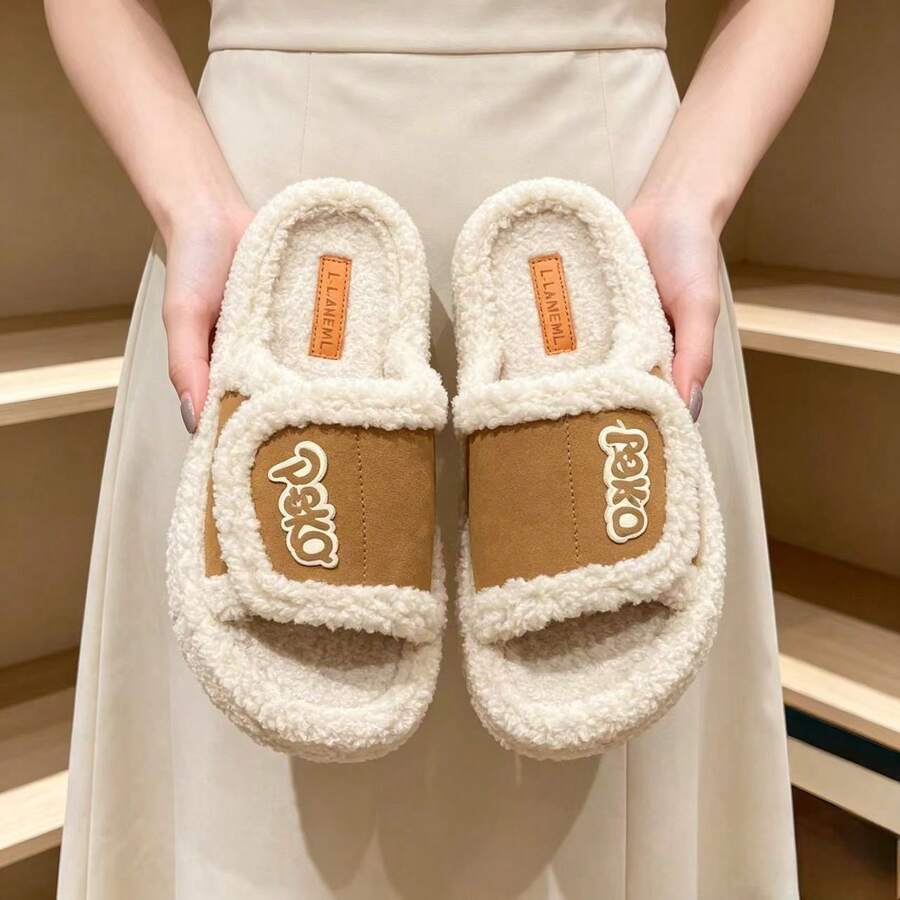 Women's Faux Lamb Wool Slide Slippers, Adjustable Magic Strap Open Toe Fluffy House Slippers, Warm Thick Sole Indoor Outdoor Slides - Khaki - View 1