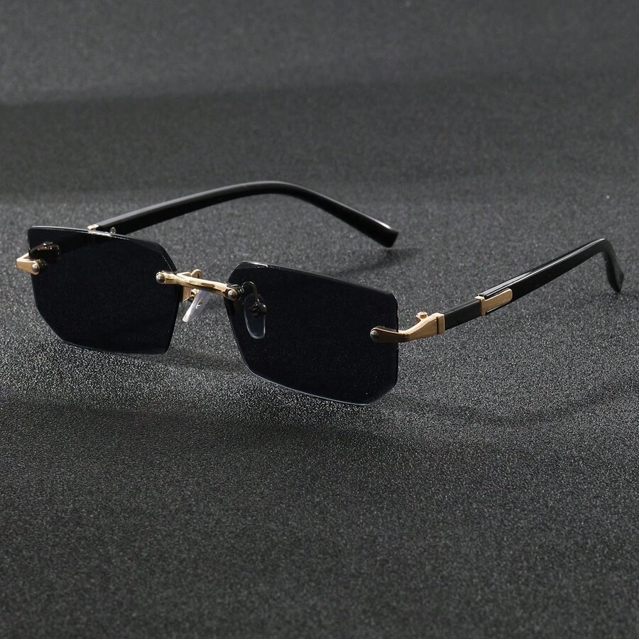Men's Square Rimless Gold Frame Black Hip-Hop Fashion Glasses, Vintage Fashion Design, Outdoor Travel Driving Sun Protection Premium Fashion Glasses - Multicolor - View 1