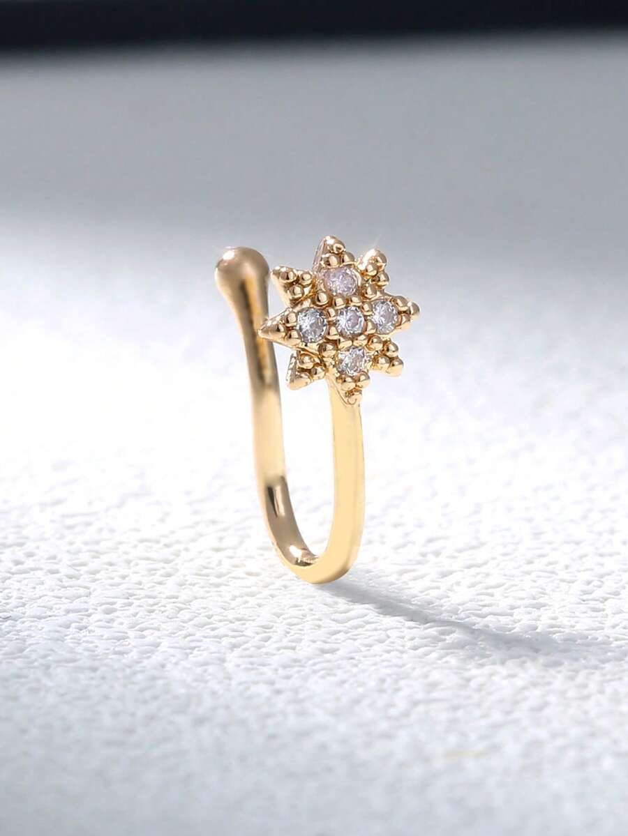 1pc U-Shaped Star Zirconia Nose Ring, Micro-Inlaid Star Zirconia Fake Nose Ring Piercing Jewelry For Women - Yellow Gold - View 1