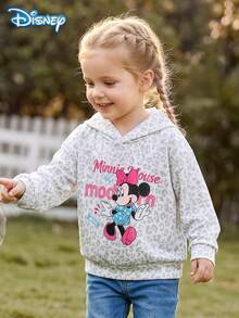 Disney Girls Autumn Cartoon Minnie Letter Print Hooded Leopard Print Long Sleeve Sweatshirt Children Outdoor Casual Street Style Spring Outfit - Beige - View 2