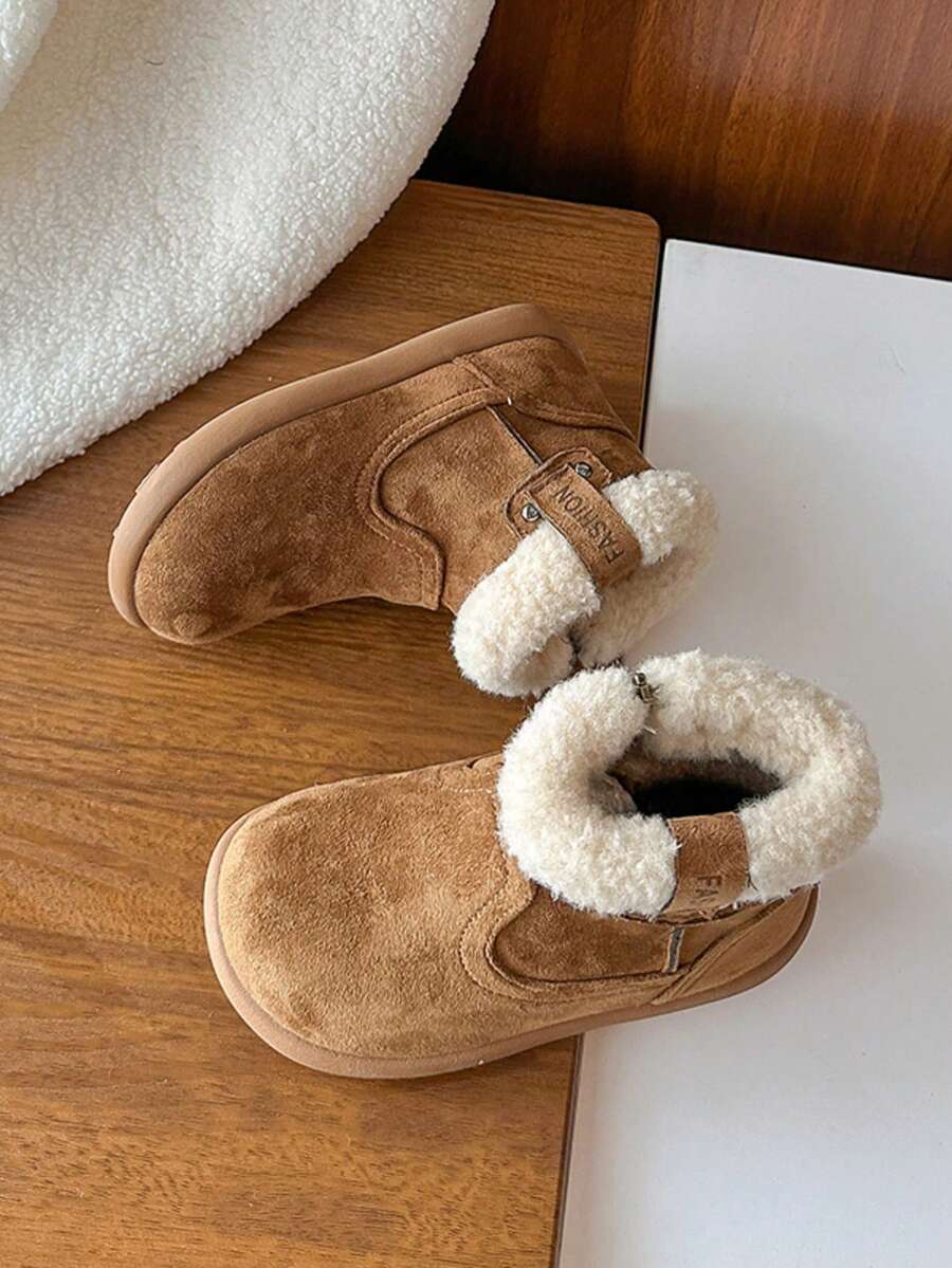 New Drop: Kids' Shoes Retro Winter Style, Textured Suede-Like Upper With Fluffy Plush Collar - Casual Cozy Look For Daily Wear - Brown - View 1