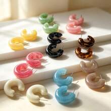 1 Pair / 9 Pairs New Resin Colorful Bold C-Shaped Hoop Earring Set, Bohemian Style Jewelry, Suitable For Daily Wear And Parties - Multicolor - View 3