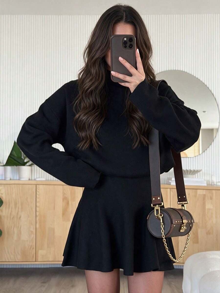 PoPoHouse Autumn/Winter Women's Faux Collar Long Sleeve Knit Dress, Gentle Elegant High Waist A-Line Short Style, Suitable For Daily Commute - Black - View 1